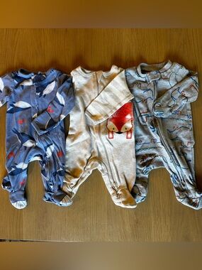 Set of 3 Newborn Baby Footed Pajamas - Blue, Cream & Gray